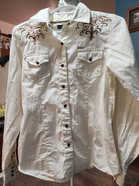 Cruel Girl White Western Embroidered Button-Up Blouse Sz Med